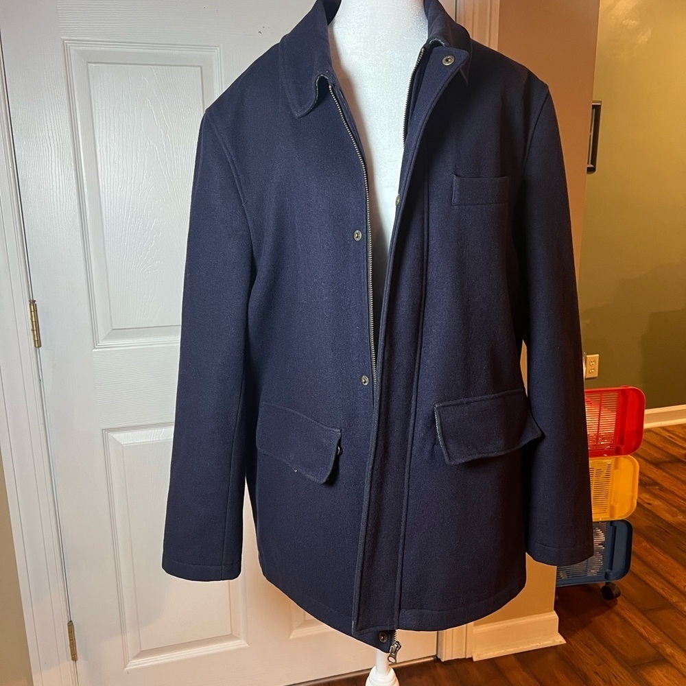 Lands End Mens Size M (38/40) Navy Pea Coat Wool Cashmere Blend